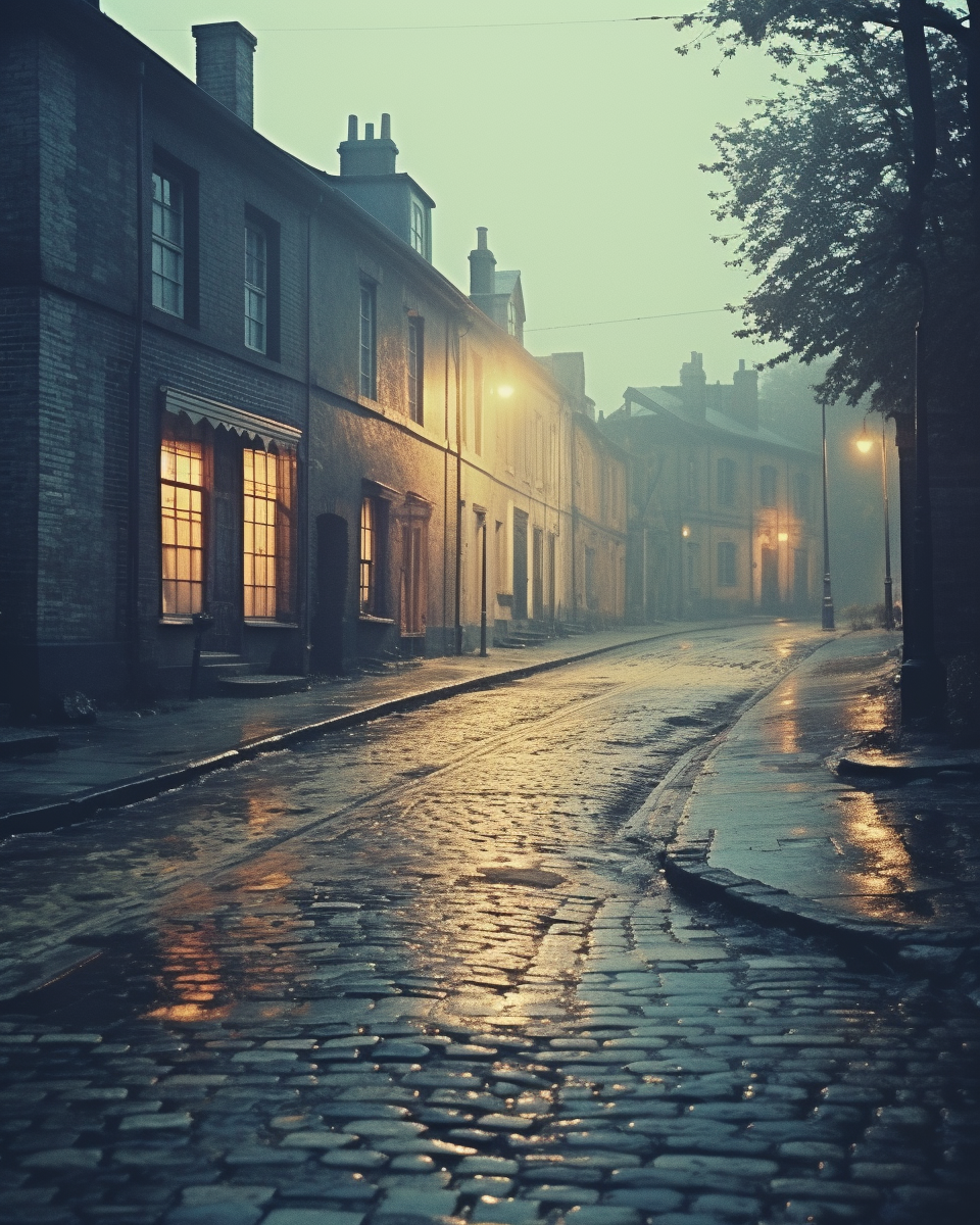 Residential street in gloomy autumn rain