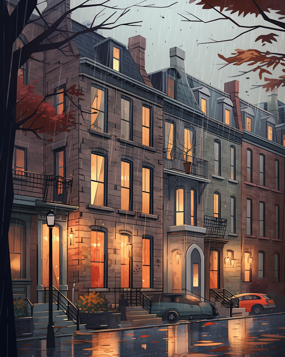 Residential street with lit windows on gloomy evening