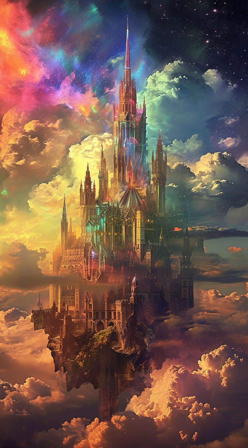 Castle made of glass reflecting rainbow colors