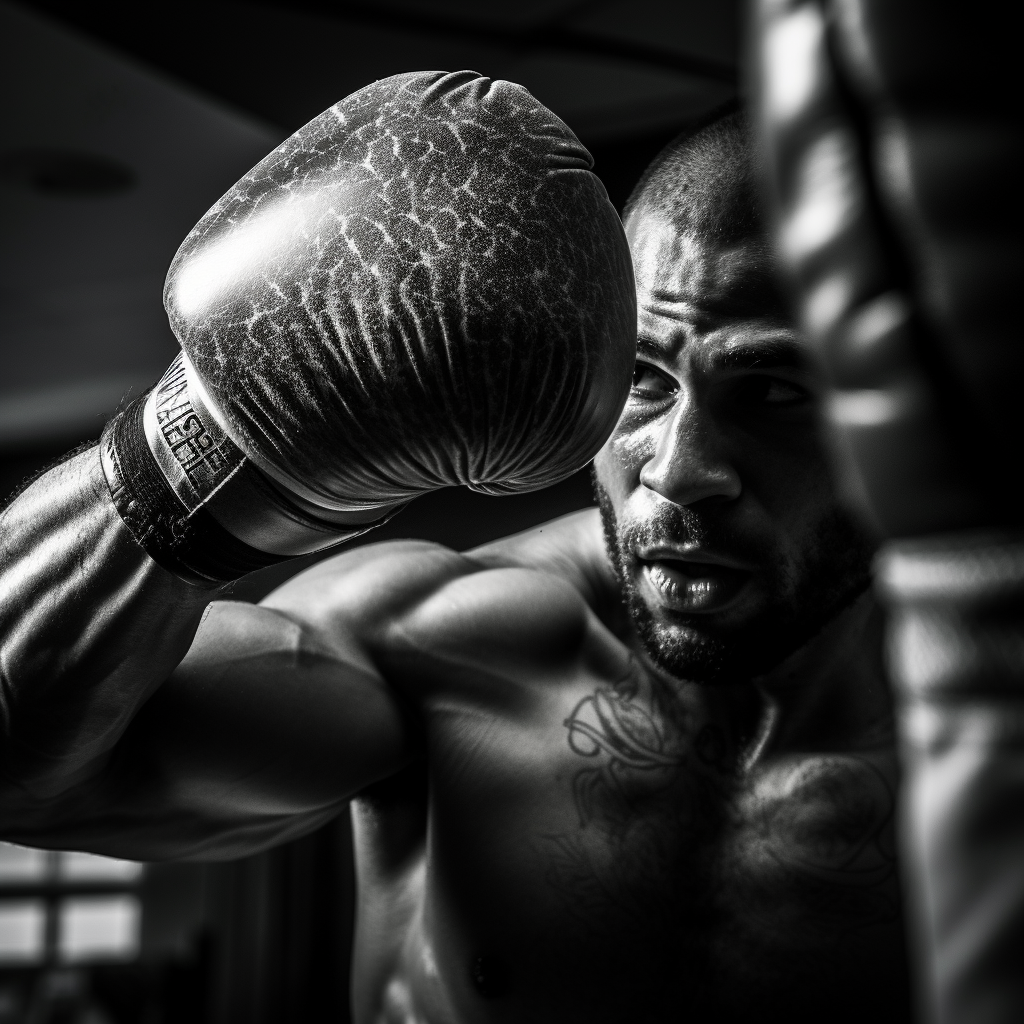 Gloved Fist Striking Boxing Bag