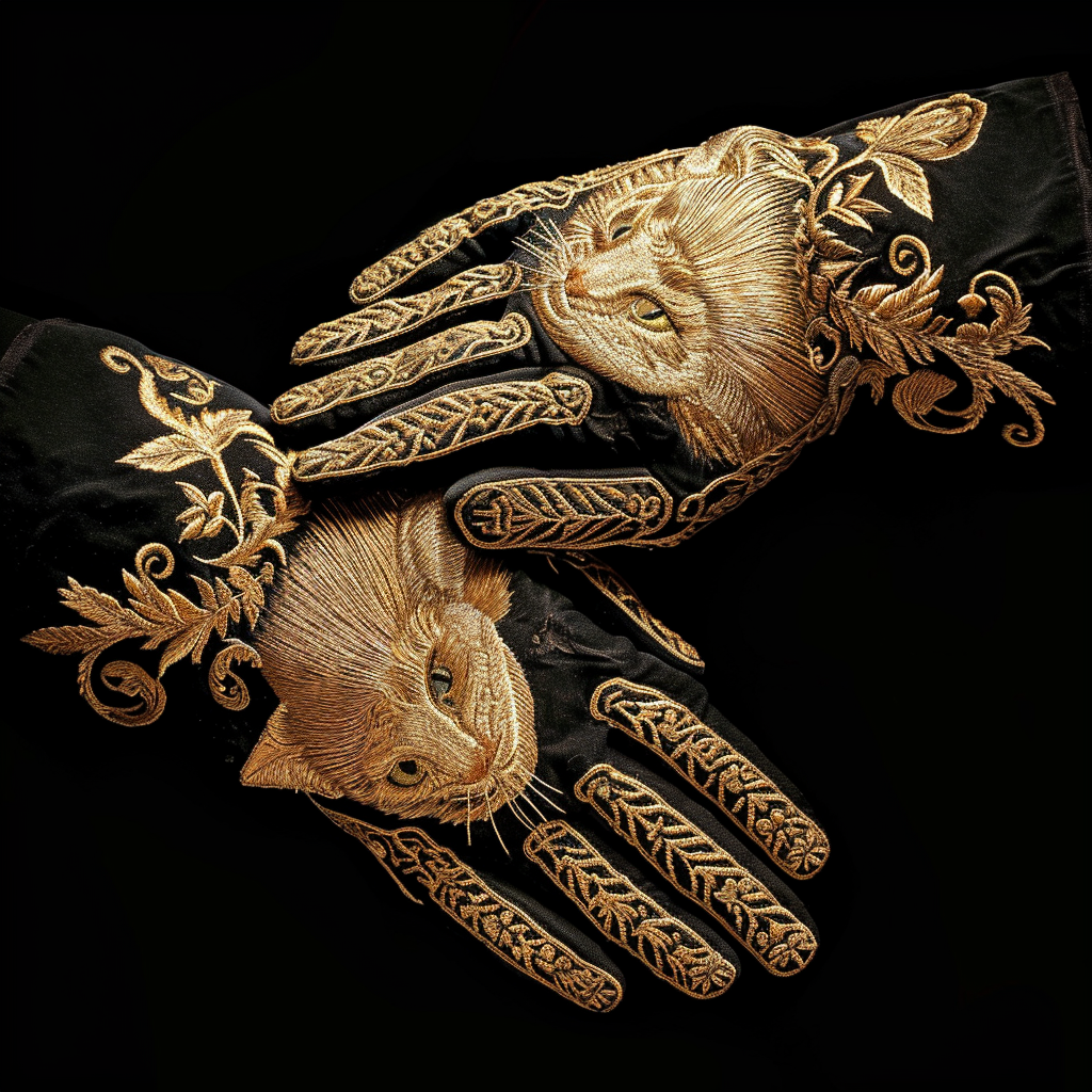 Embroidered golden gloves with cat illustration