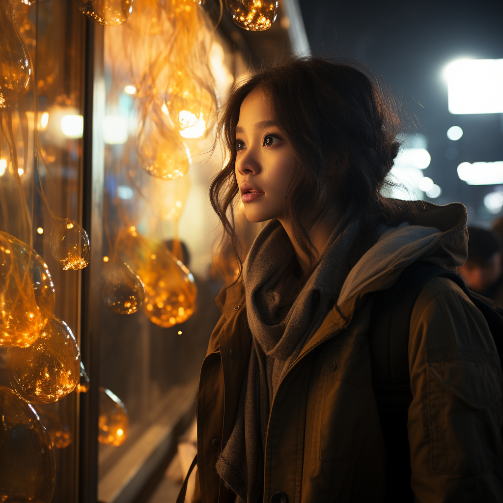 Asian girl captivated by glowing amber cocoon