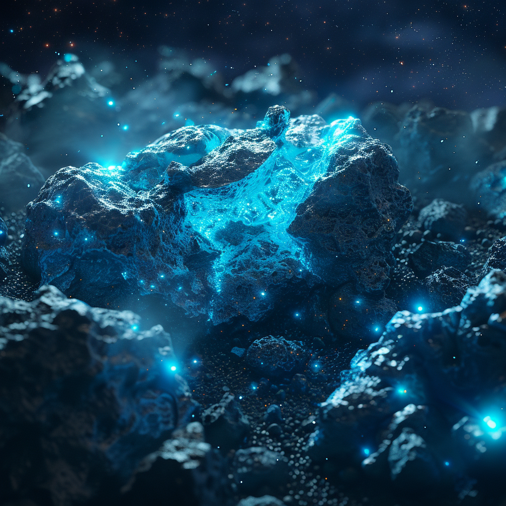 Glowing blue ice asteroid in dark field