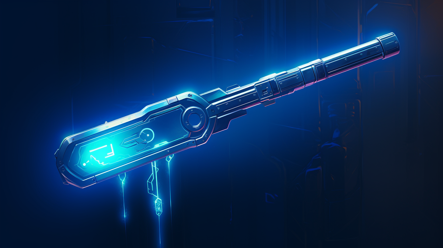 Glowing blue key floating above pedestal in futuristic design