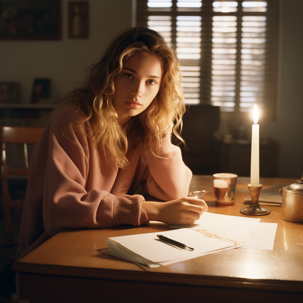 Glowing Candle on Desk, Warm Light Portrait