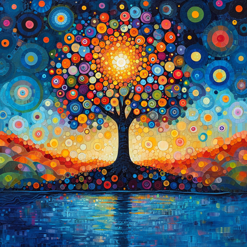 Glowing circles on colorful tree by river