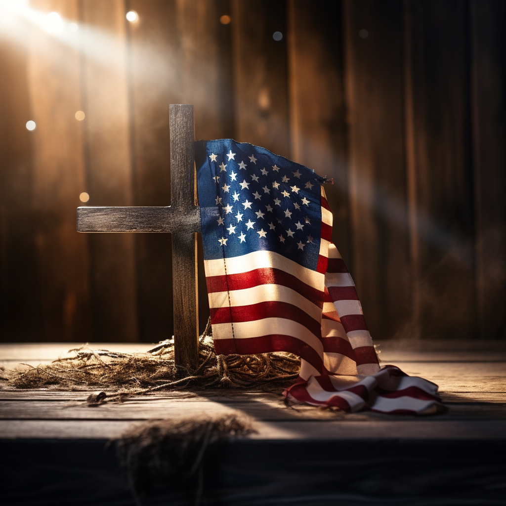 Glowing cross on wooden table with American flag