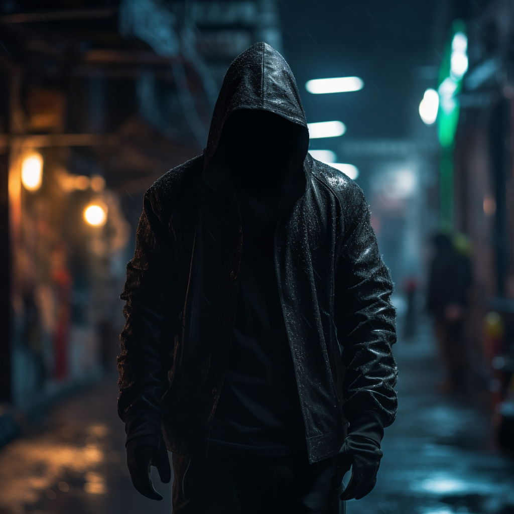 Man with Glowing Eyes in Dark Alley