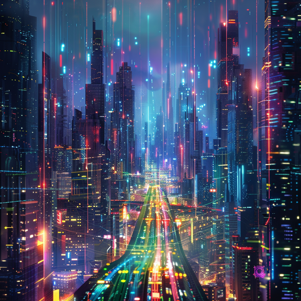 Glowing fiber optic cable futuristic city