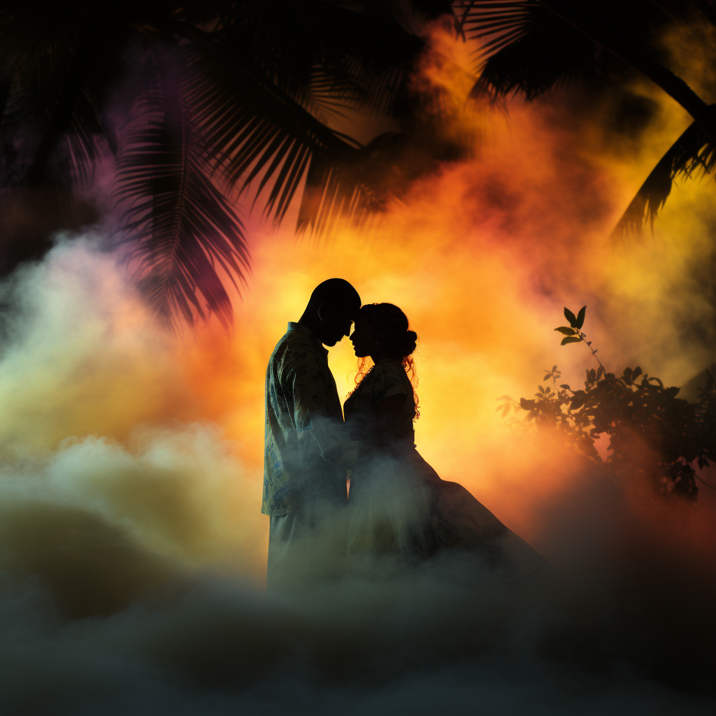 glowing fog tropical spring colored smoke silhouette couple