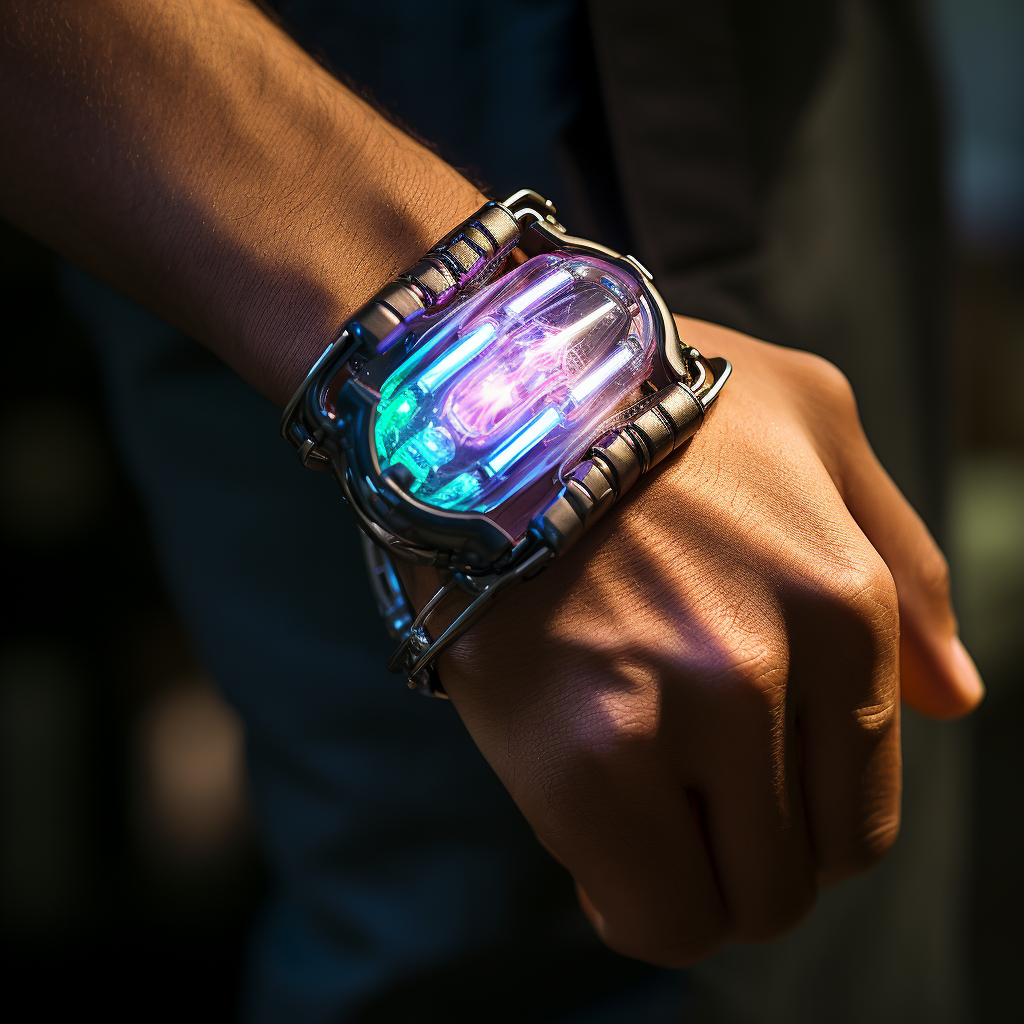 Man wearing a glowing gemstone wristband