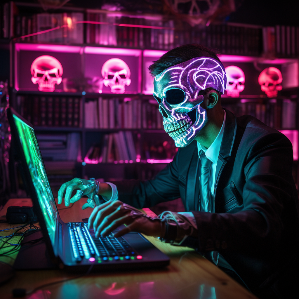 DJ wearing light-up LED cyborg skeleton mask