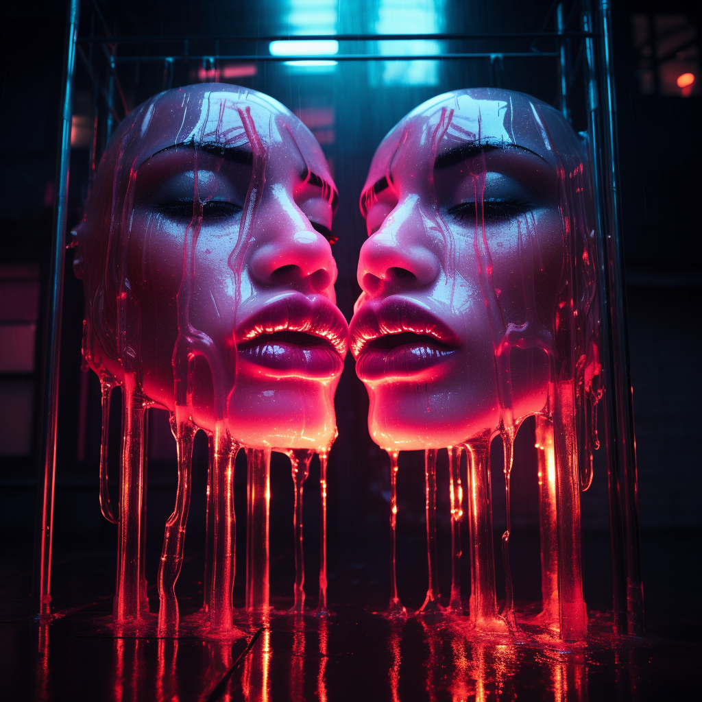 Glowing neon lips on architectural backdrop