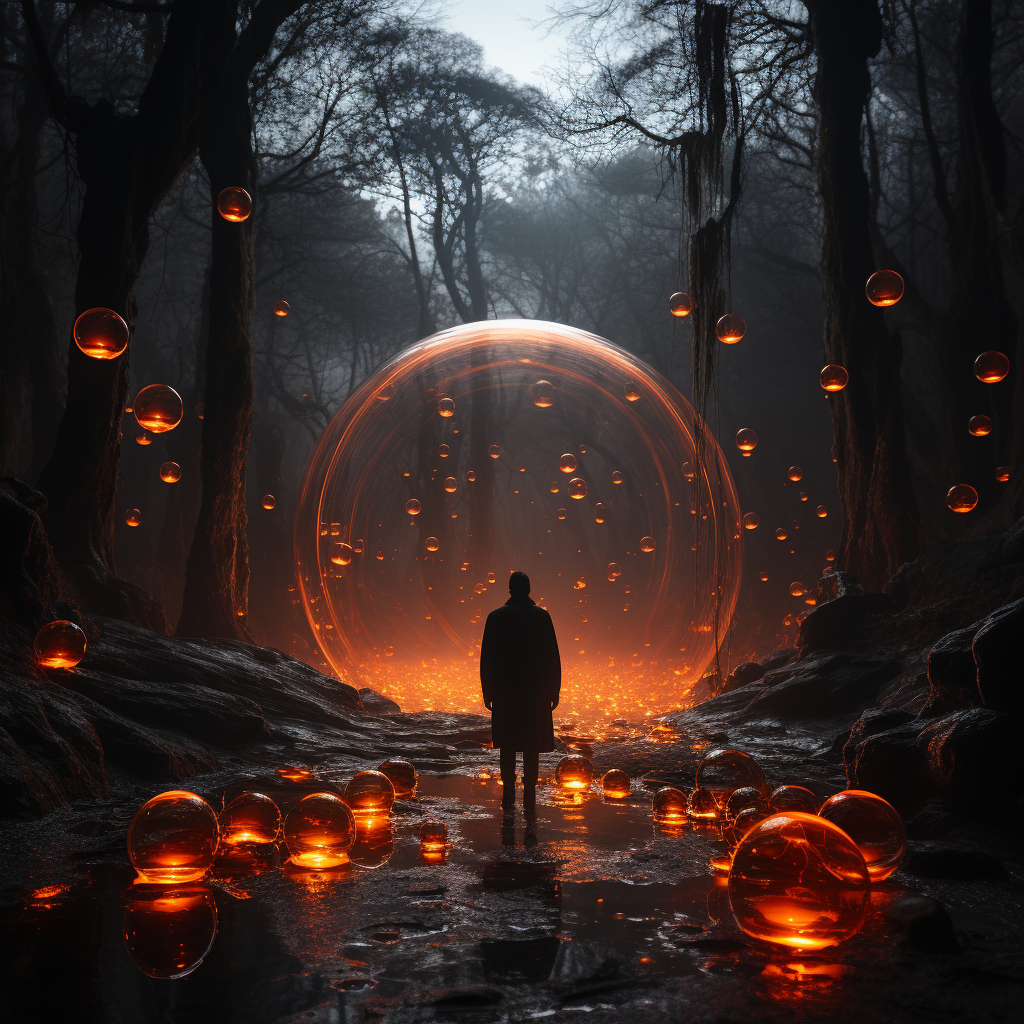 Person surrounded by glowing orange orb