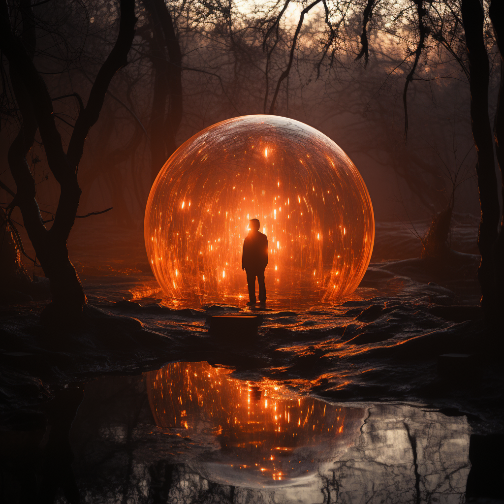 Silhouette inside a glowing orange orb