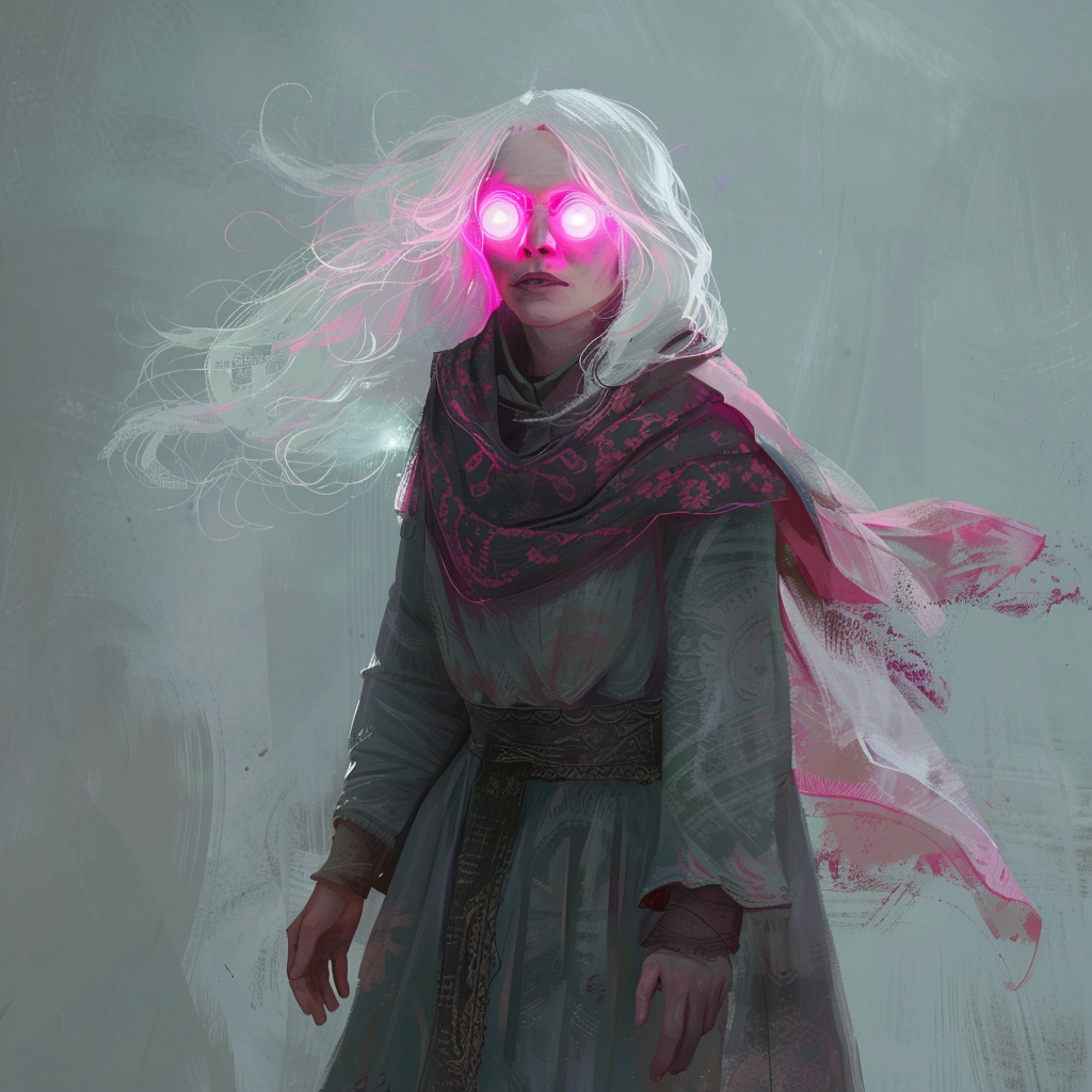 Woman with glowing pink eyes and peasant dress