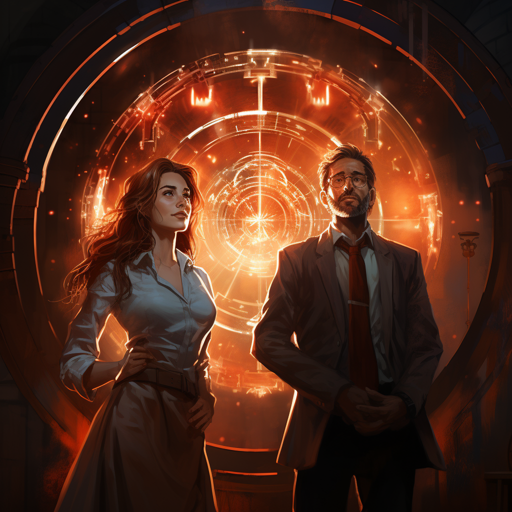 Brilliant scientist and assistant standing before a glowing portal