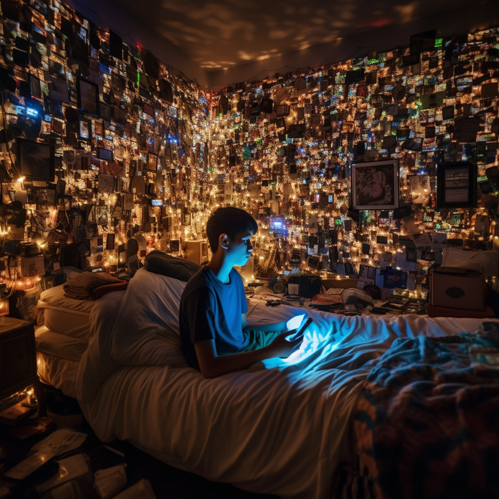 Eerie bedroom with glowing smartphones