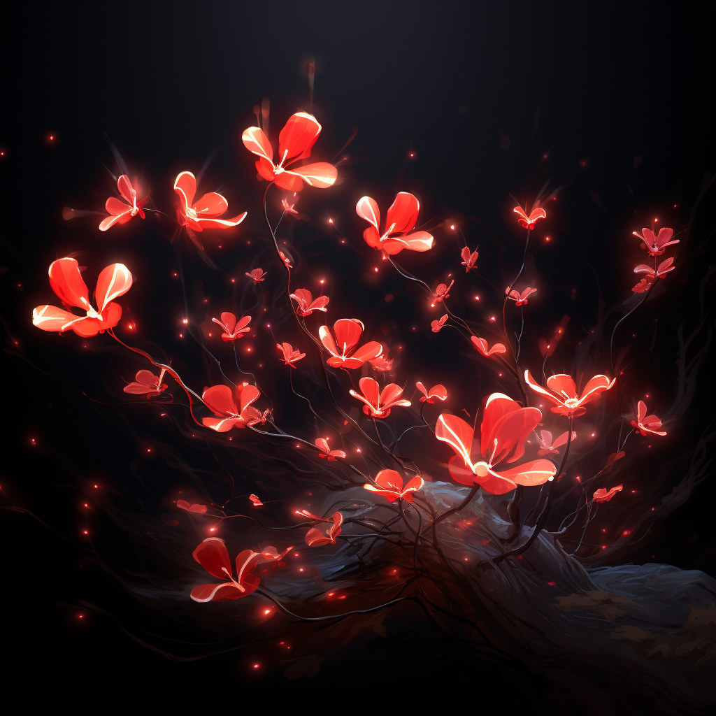 Small red glowing spirit blossoms in flight