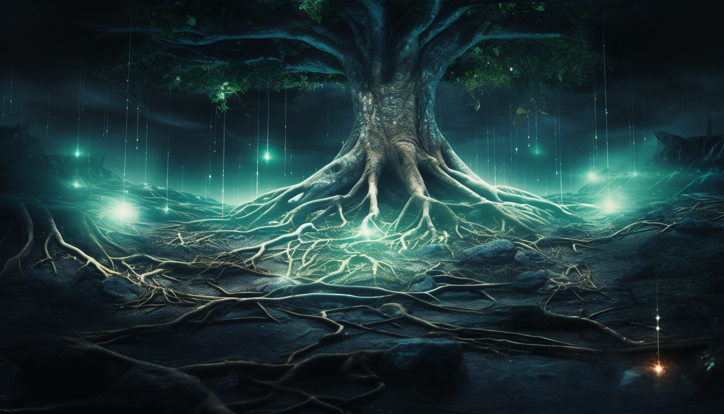 Brightly Glowing Tree Roots Interconnected Network