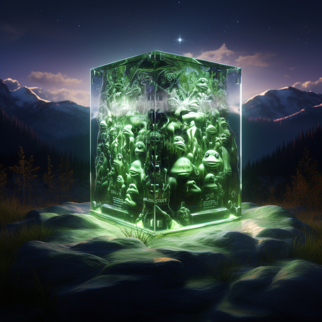 Giant metallic cube surrounded by Pepe frogs