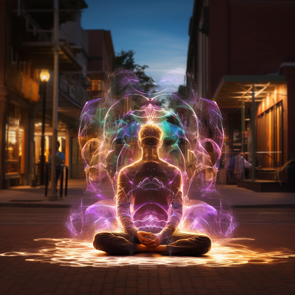 Person with Glowing Aura and Chakras on the Street