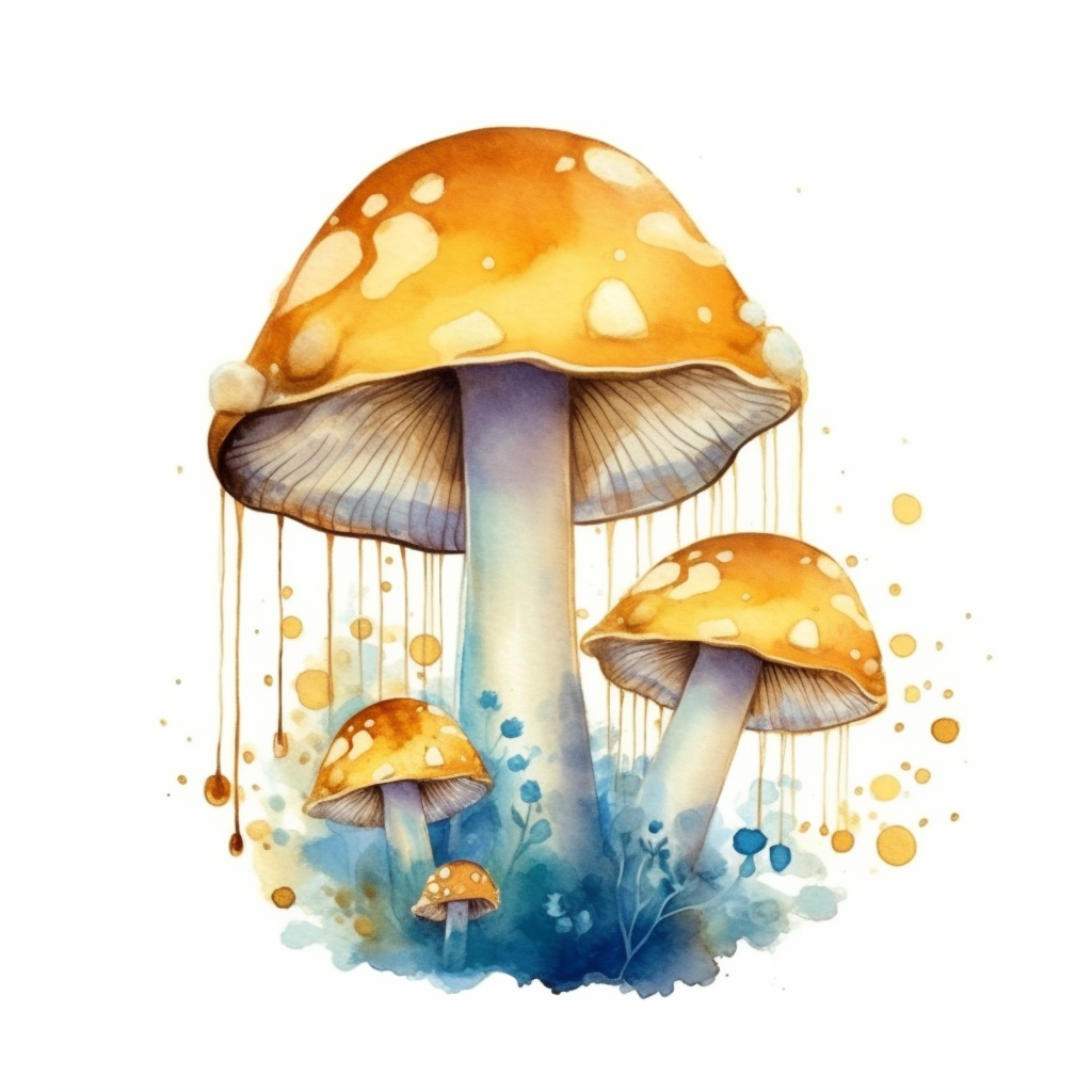 Golden mystical mushrooms on white background