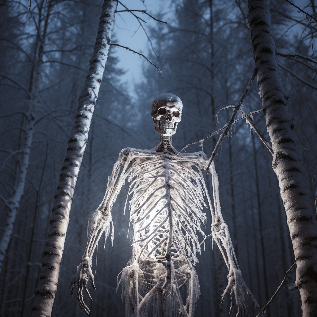 Hyper-realistic glowing skeleton in winter forest