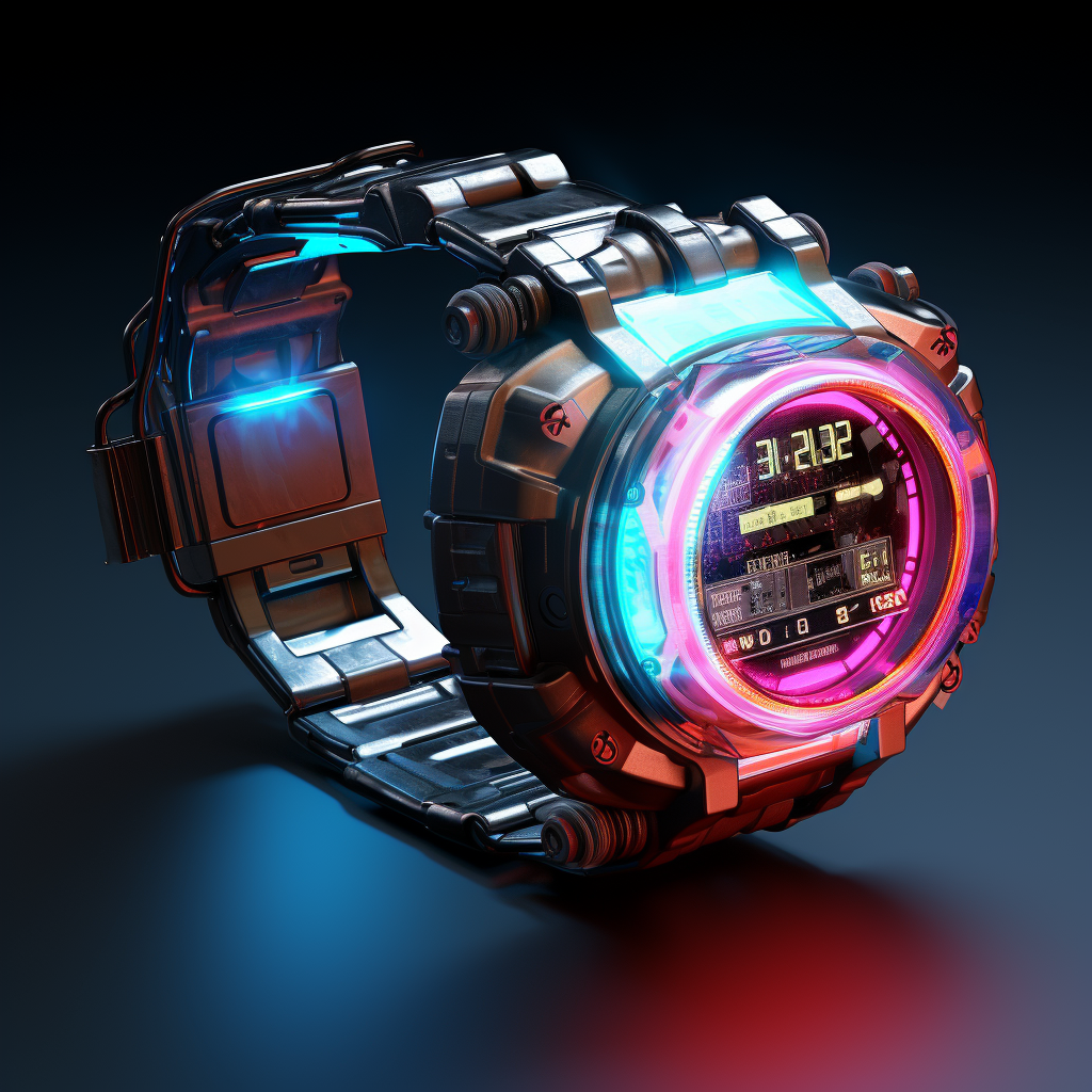 Glowing cyberpunk wristwatch in realistic style