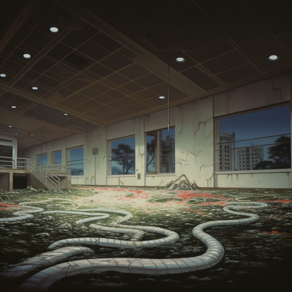 Semitranslucent glowing white worm in rural Japanese government building