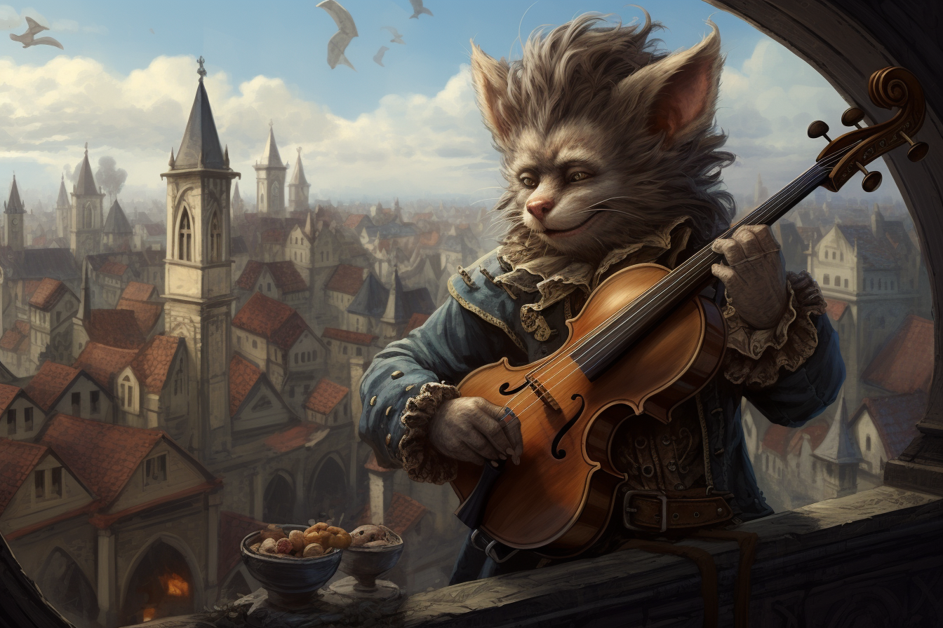 Less Hairy Gnoll Playing Violin with Window City View