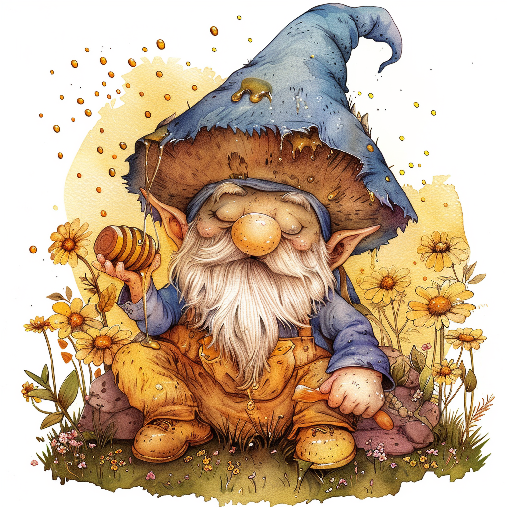 Cute gnome with big hat eating honey