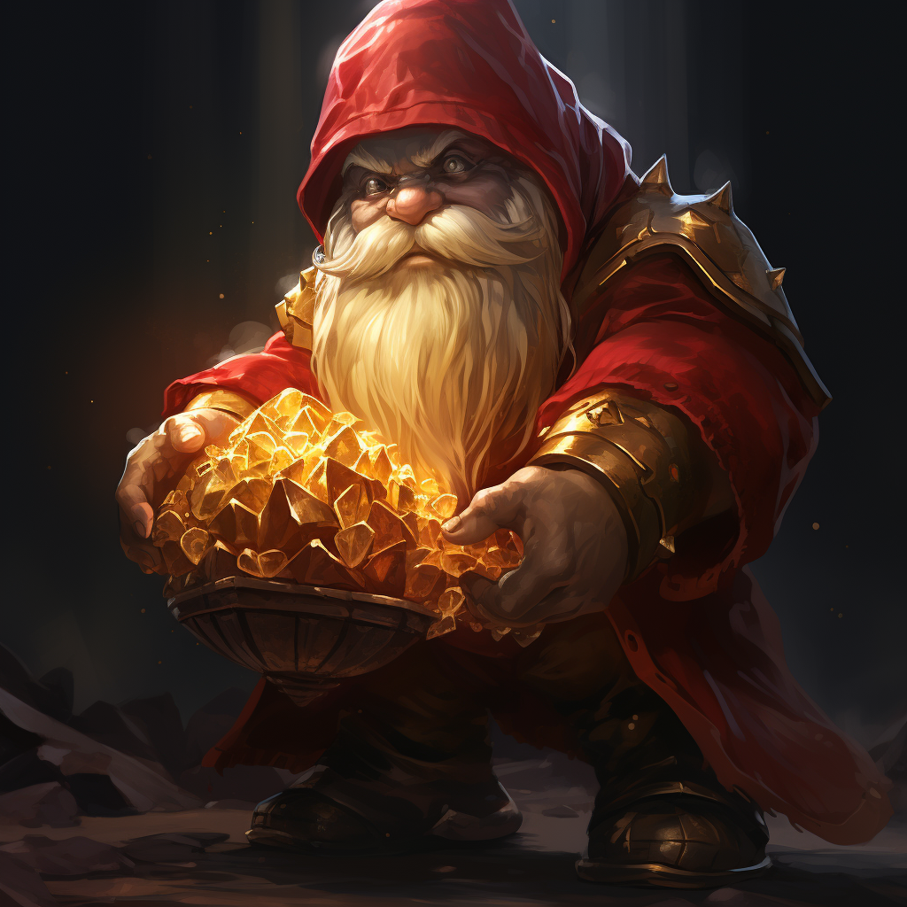 Gnome holding a bag of gold and precious stones