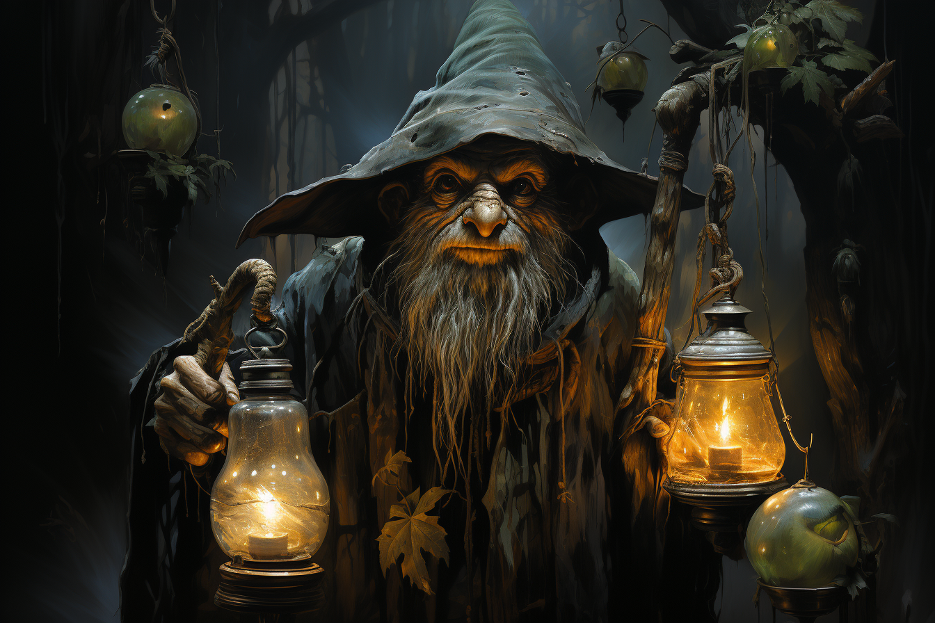 Gnome walking with a lantern through the dark forest