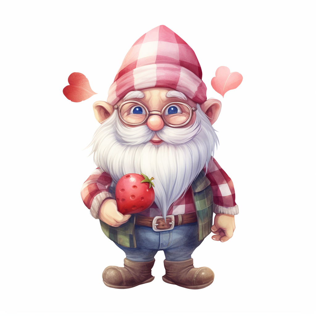 Cartoon gnome holding a heart-shaped strawberry