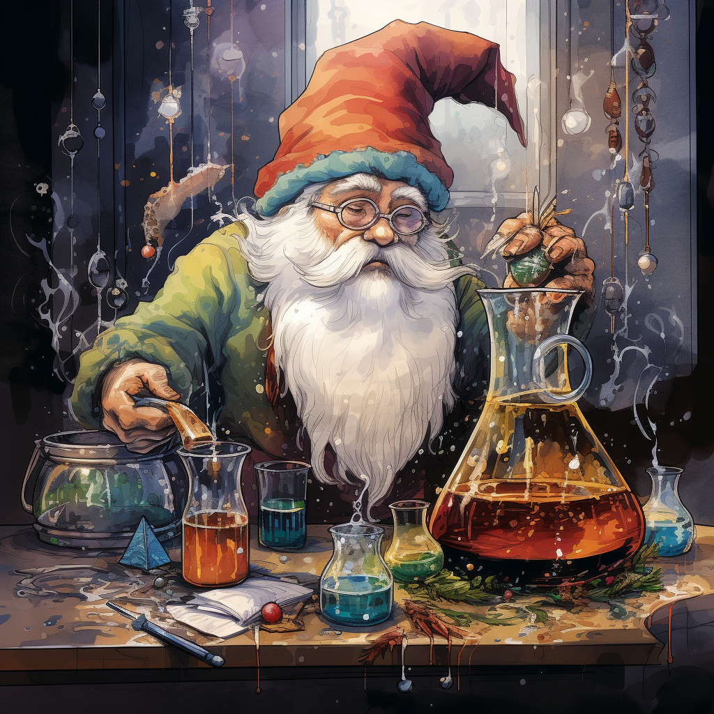 Gnome scientist brewing Christmas beer