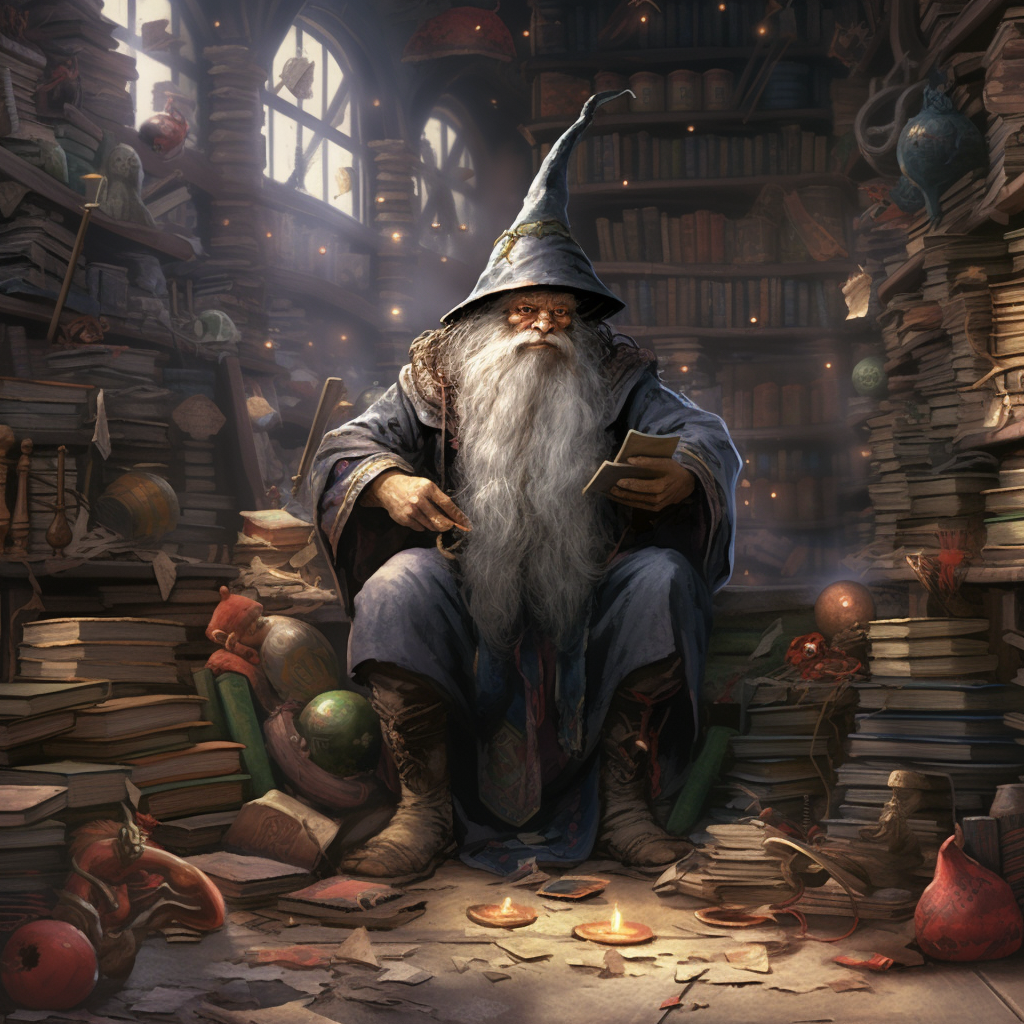 Gnome wizard in a magical library