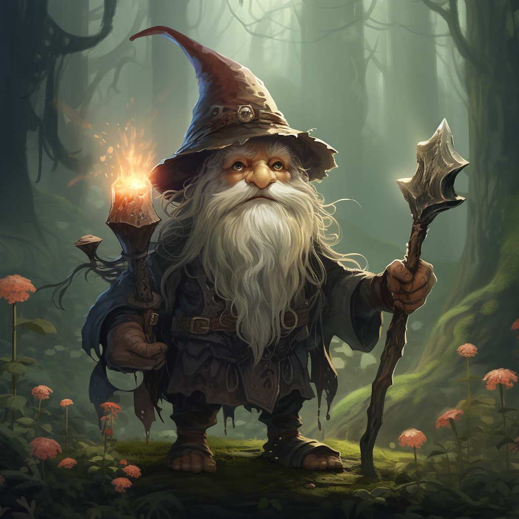 Enigmatic gnome wizard warrior in dark forest