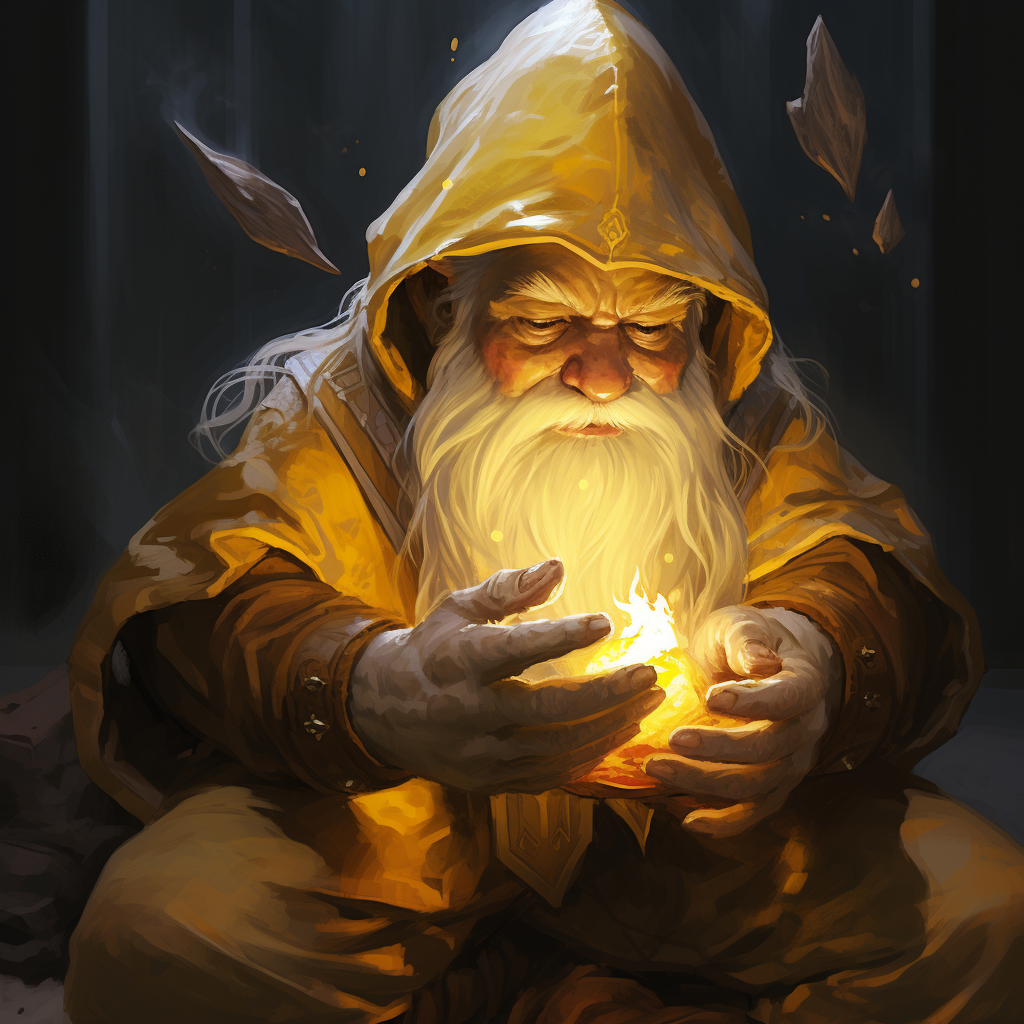 Gnome wizard holding flames in hands