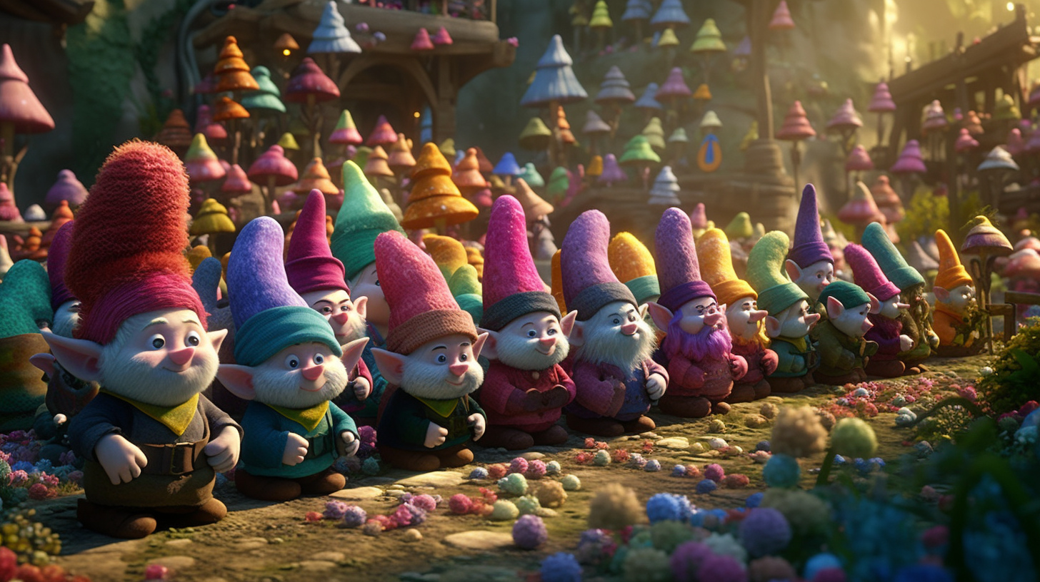 Vibrant rainbow surrounding gnomes at starting line