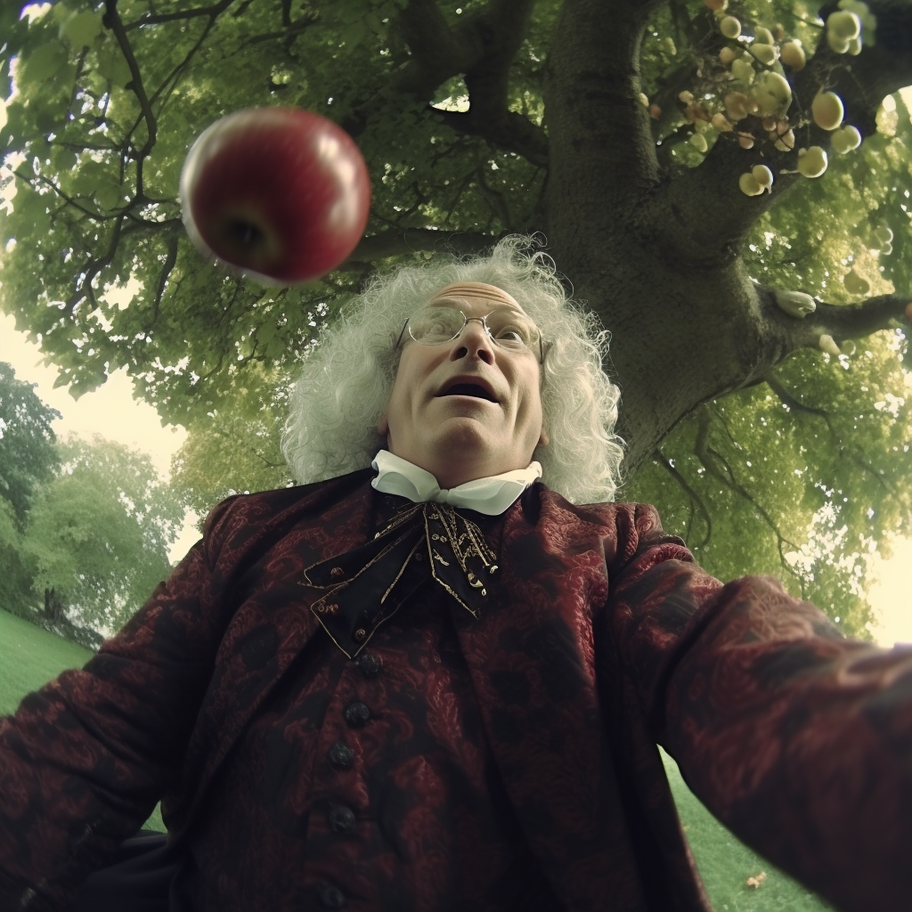 Sir Isaac Newton watching apple fall