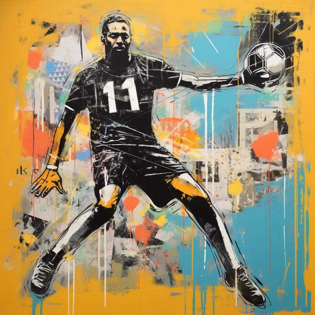 Goalkeeper blocking shot in basquiat style artwork