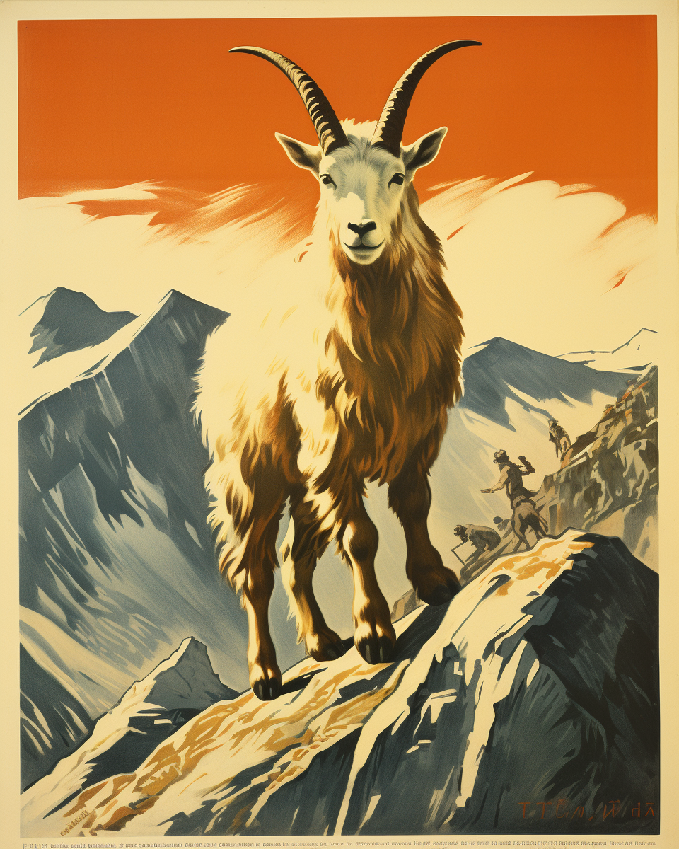 Goat Climbing Mountain Soviet Poster 1950s