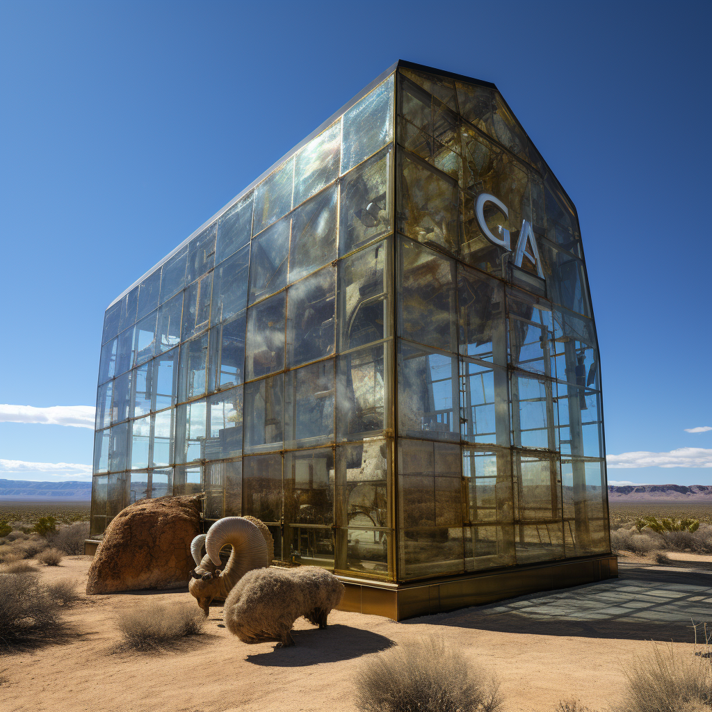 G.O.A.T  on glass building in desert