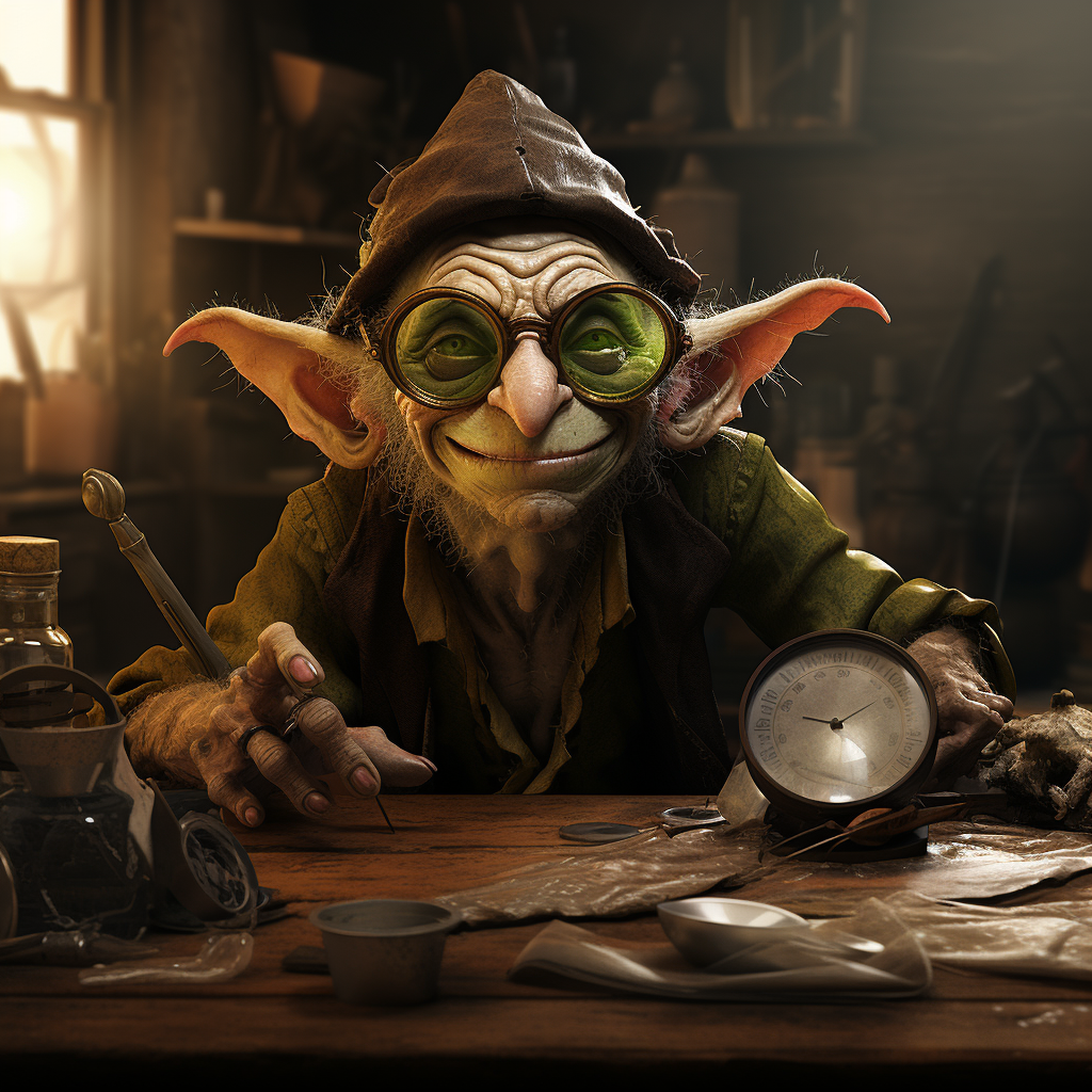 Middle-aged goblin tinkering with various objects