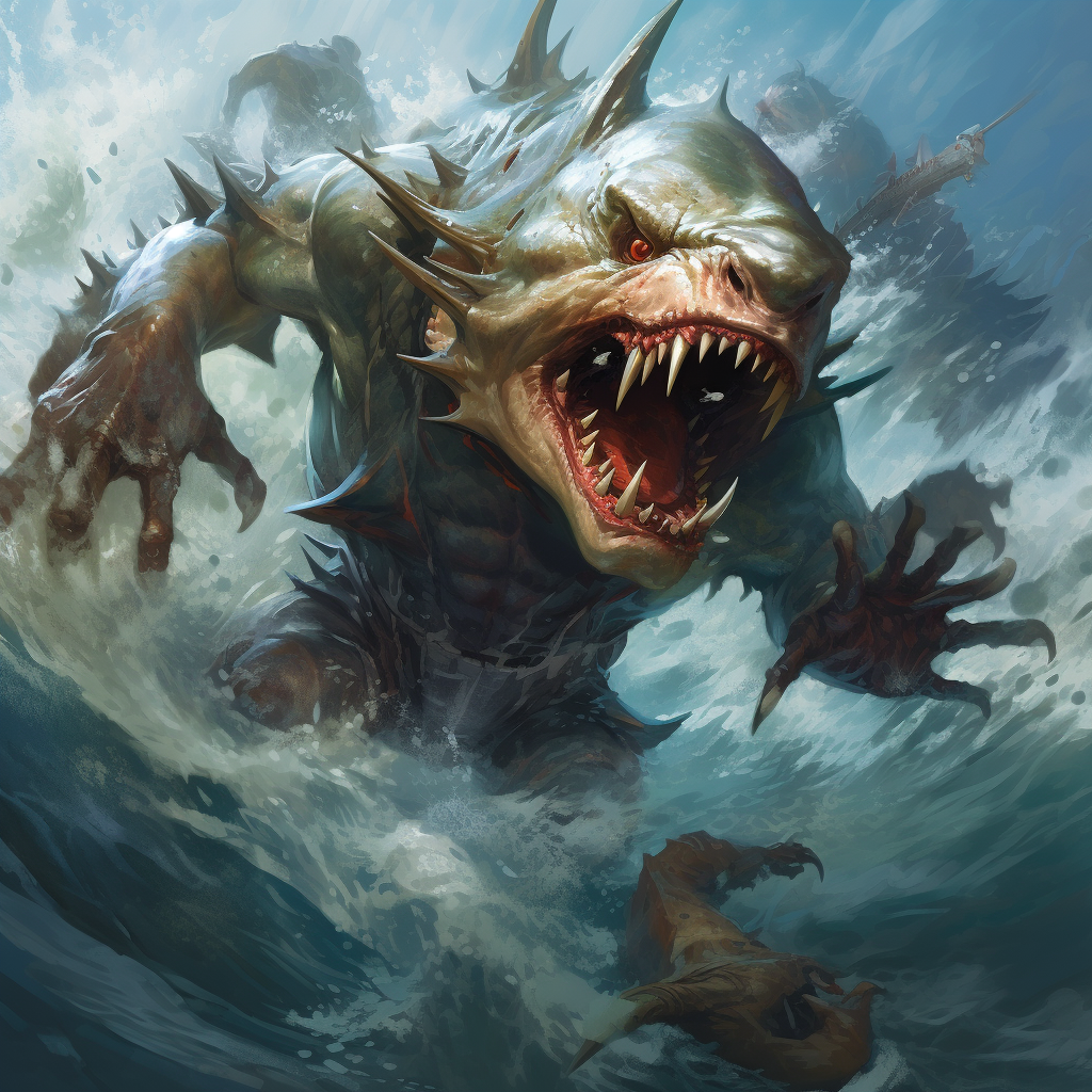 Goblin barbarian leaping over water with shark's mouth