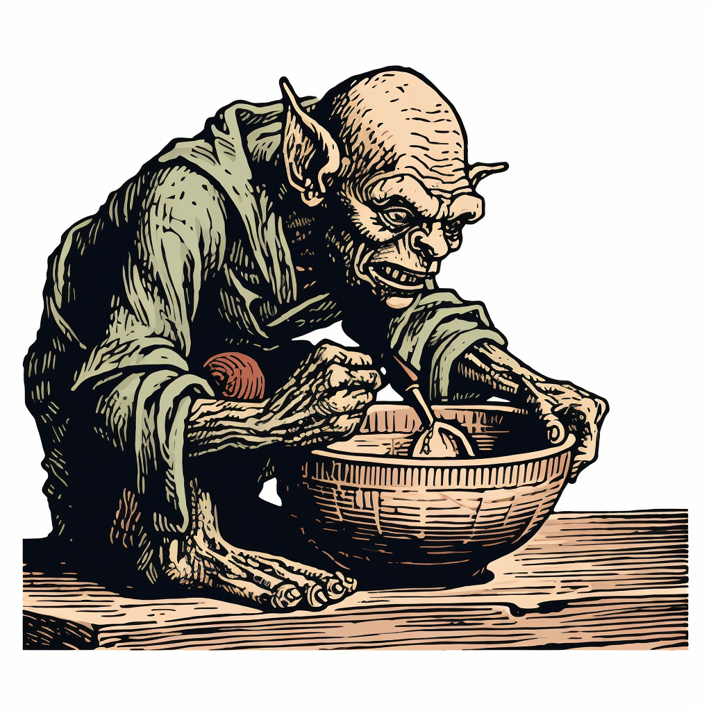 Goblin enjoying cereal in woodcut style