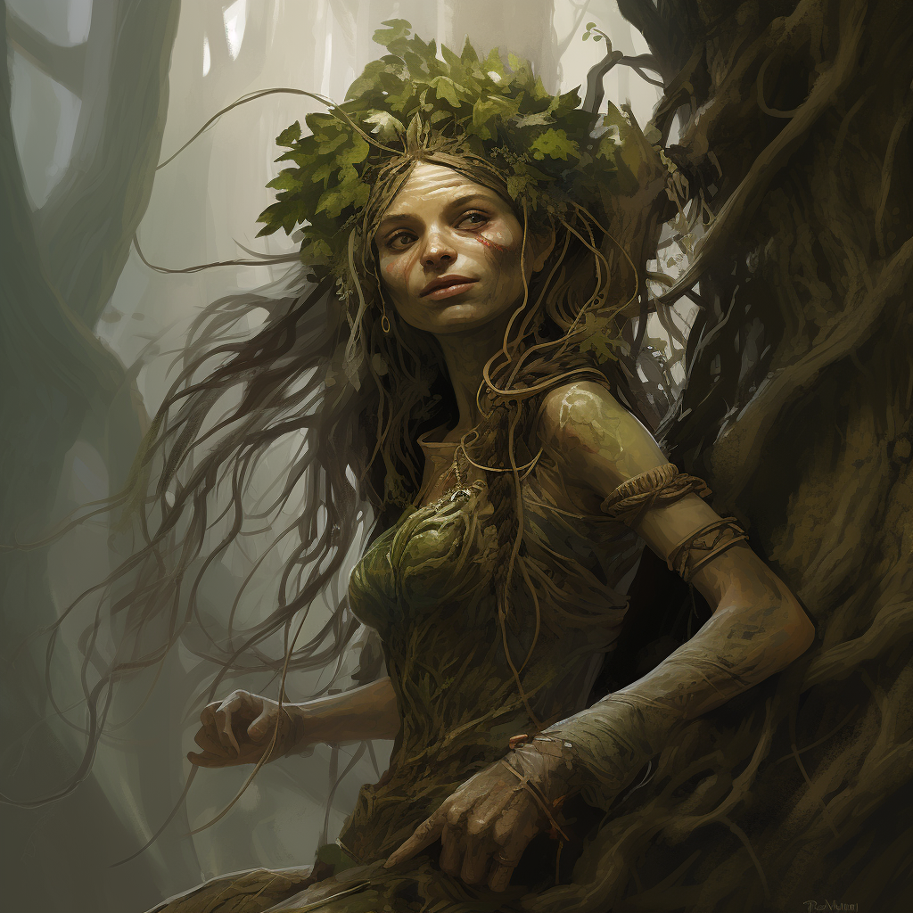 Beautiful goblin girl dryad surrounded by giant branches