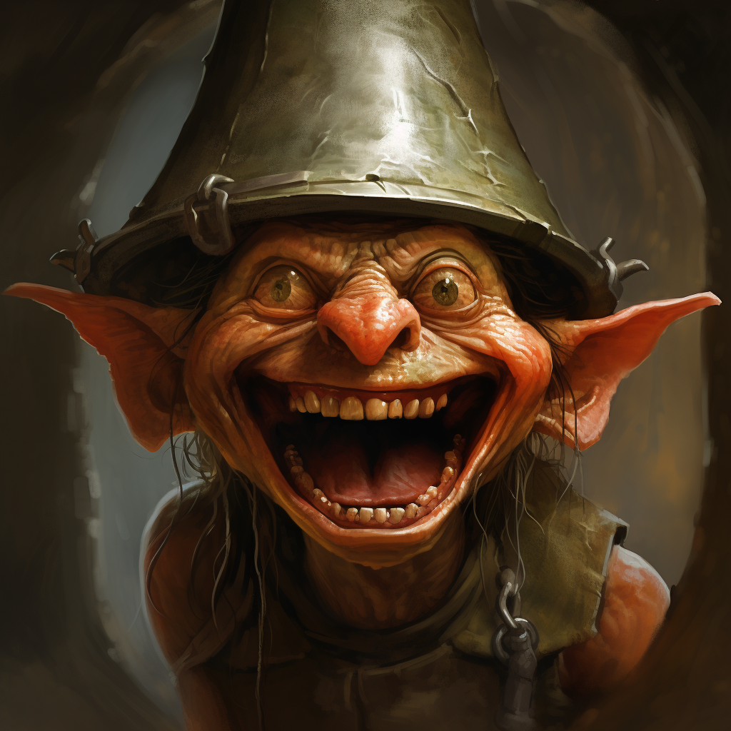 Goblin wearing helmet snarling with teeth