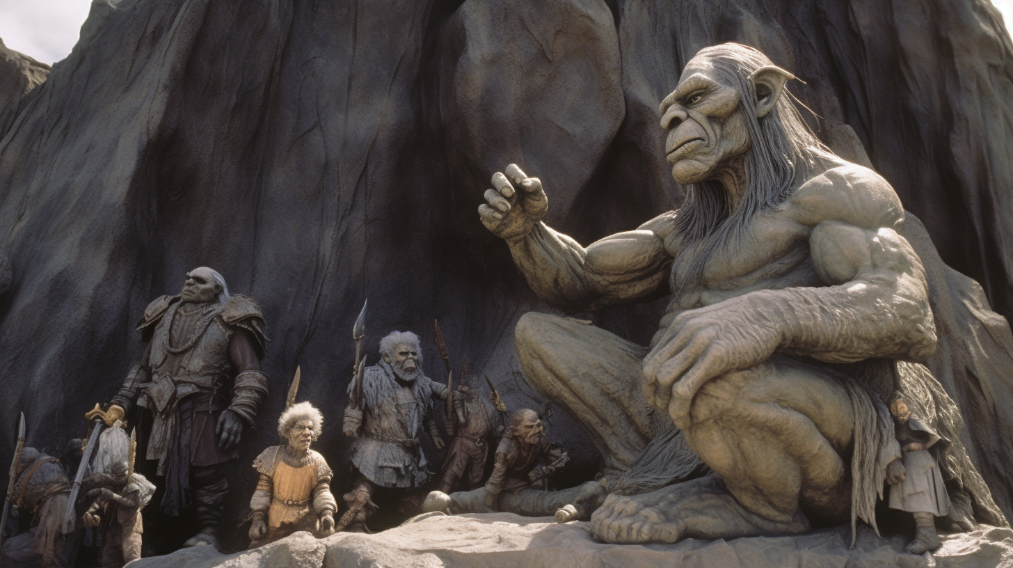 Image of goblins kneeling at a giant stone carving